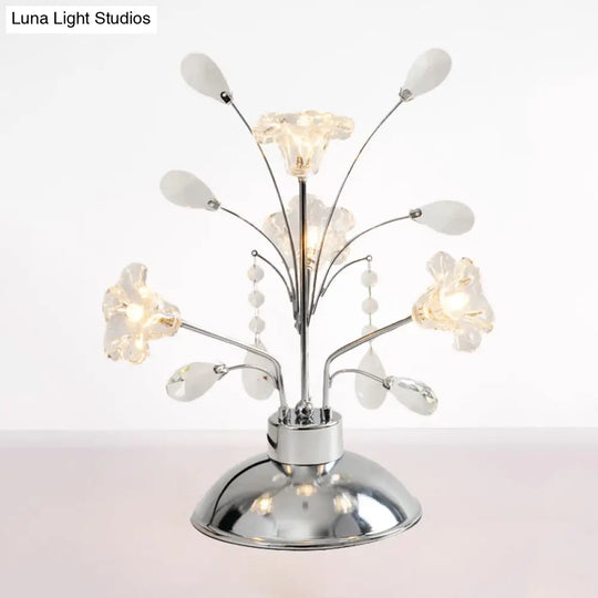 Contemporary Crystal Teardrops Chrome Table Lamp - Branching Bedroom Light With Lily Shade