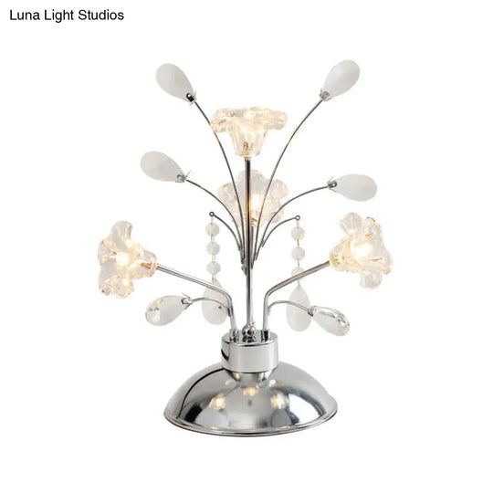 Contemporary Crystal Teardrops Chrome Table Lamp - Branching Bedroom Light With Lily Shade