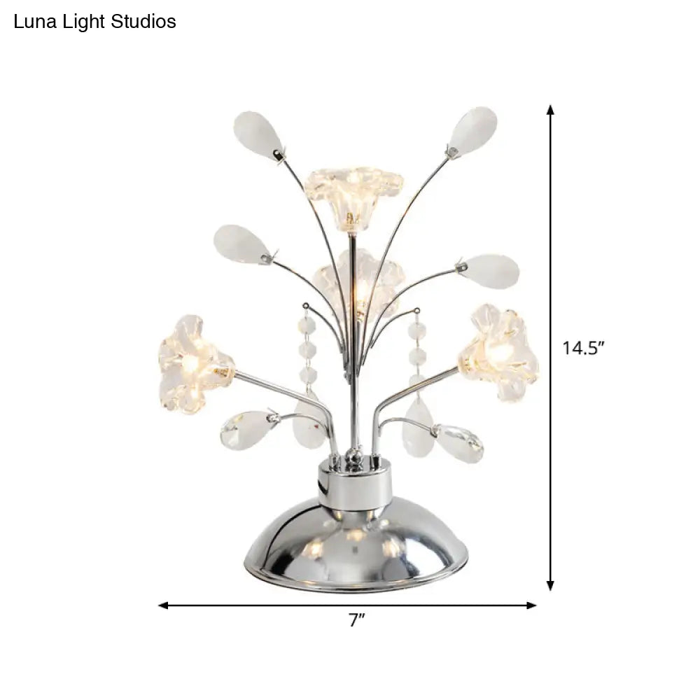 Contemporary Crystal Teardrops Chrome Table Lamp - Branching Bedroom Light With Lily Shade