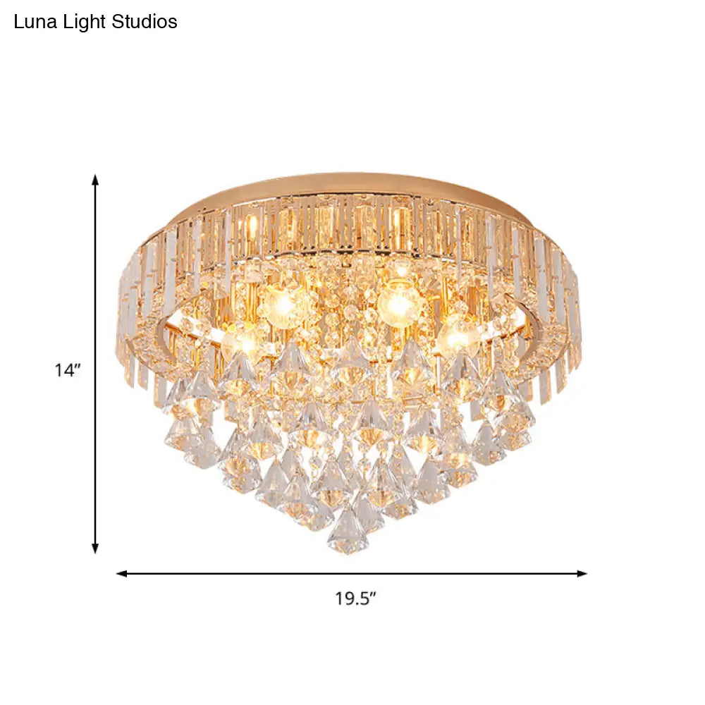 Contemporary Crystal Teardrops Flush Lamp - 5 Light Golden Ceiling Fixture For Living Room