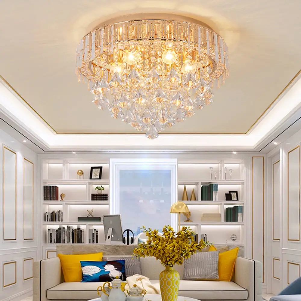 Contemporary Crystal Teardrops Flush Lamp - 5 Light Golden Ceiling Fixture For Living Room Gold