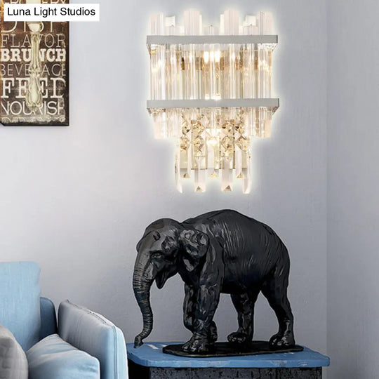 Contemporary Crystal Wall Sconce: Brass/Chrome Linear 3-Light Fixture