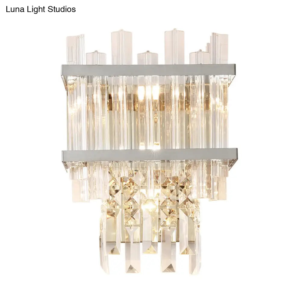 Contemporary Crystal Wall Sconce: Brass/Chrome Linear 3-Light Fixture