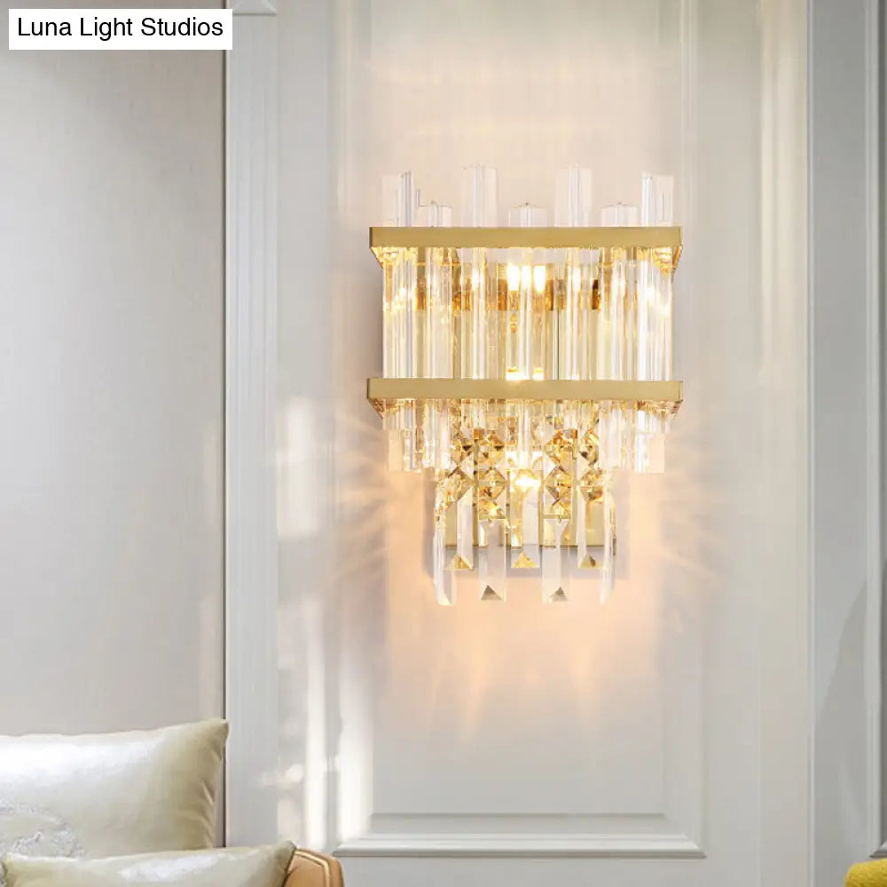 Contemporary Crystal Wall Sconce: Brass/Chrome Linear 3-Light Fixture