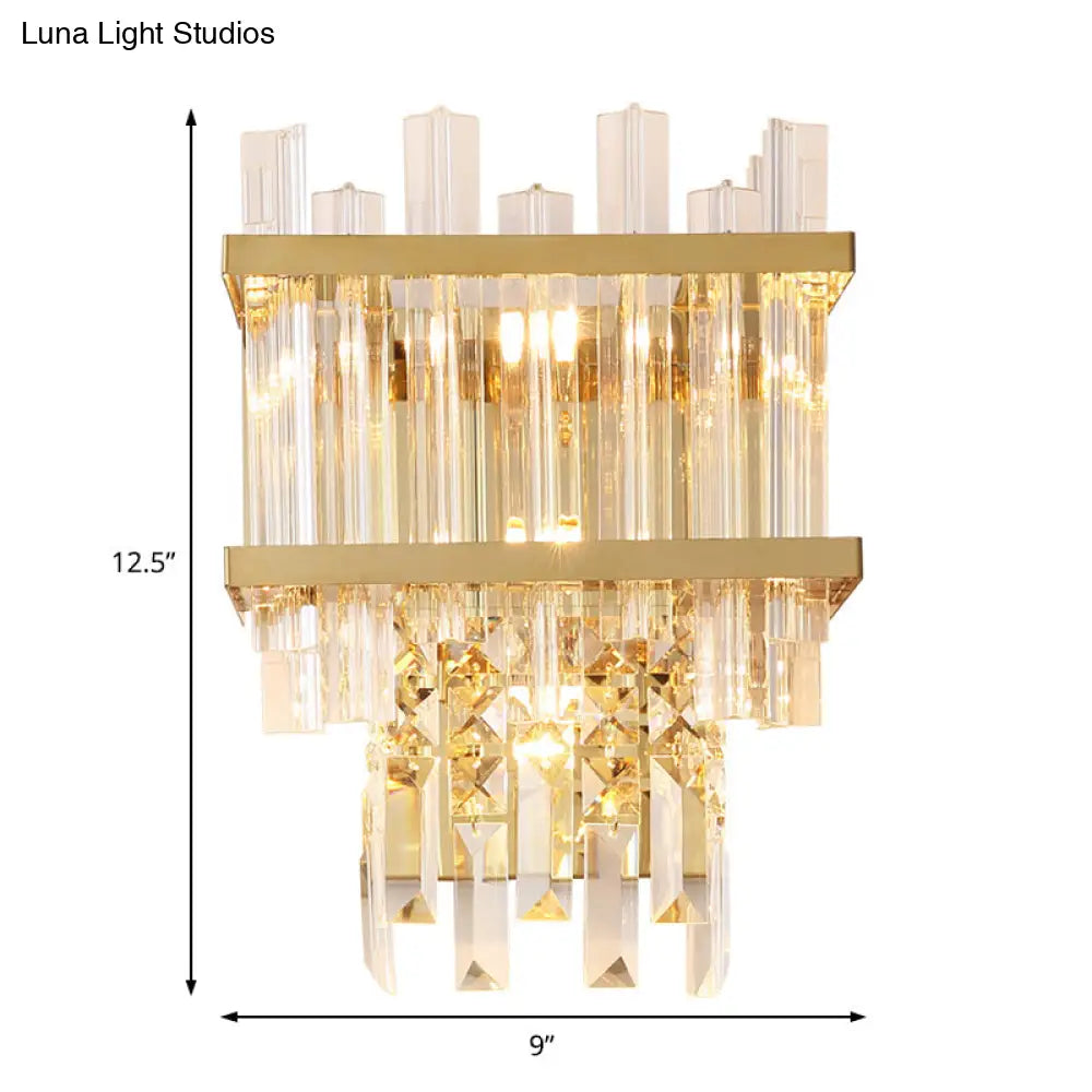 Contemporary Crystal Wall Sconce: Brass/Chrome Linear 3-Light Fixture