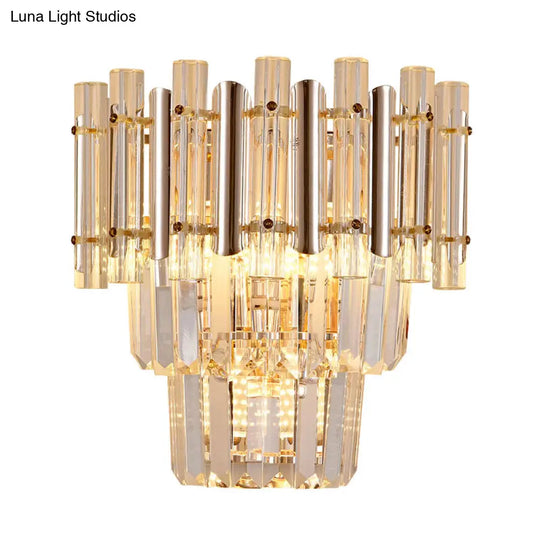 Contemporary Crystal Wall Sconce - Gold Finish Tiered Design 3 Bulbs