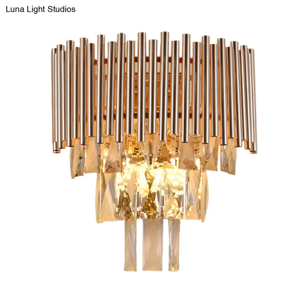 Contemporary Crystal Wall Sconce - Gold Finish Tiered Design 3 Bulbs