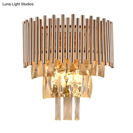 Contemporary Crystal Wall Sconce - Gold Finish Tiered Design 3 Bulbs