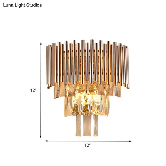 Contemporary Crystal Wall Sconce - Gold Finish Tiered Design 3 Bulbs