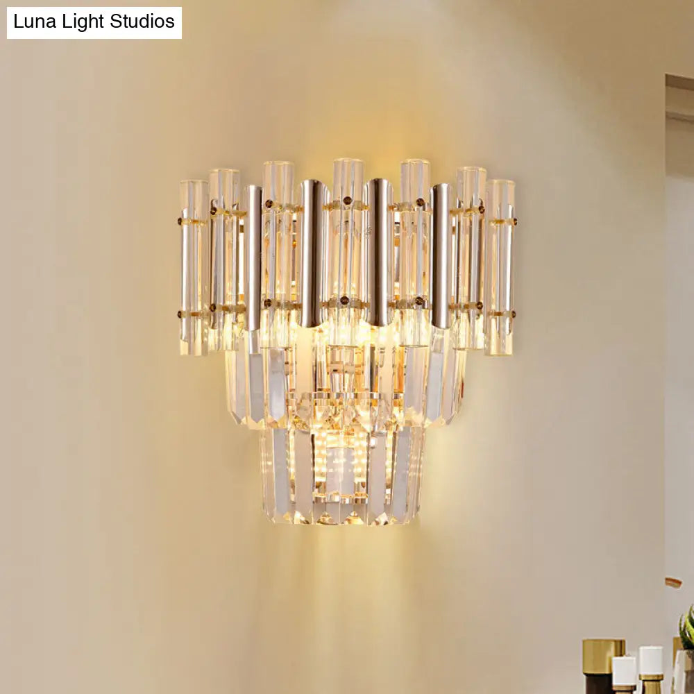 Contemporary Crystal Wall Sconce - Gold Finish Tiered Design 3 Bulbs