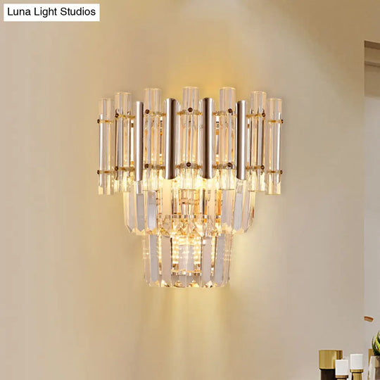 Contemporary Crystal Wall Sconce - Gold Finish Tiered Design 3 Bulbs