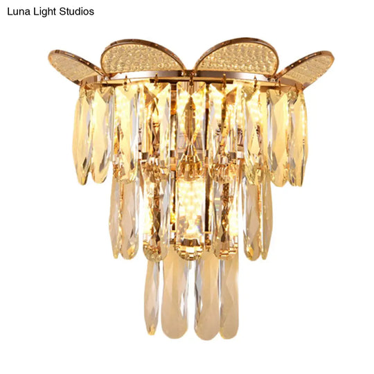 Contemporary Crystal Wall Sconce - Gold Finish Tiered Design 3 Bulbs