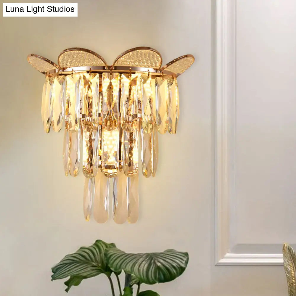 Contemporary Crystal Wall Sconce - Gold Finish Tiered Design 3 Bulbs