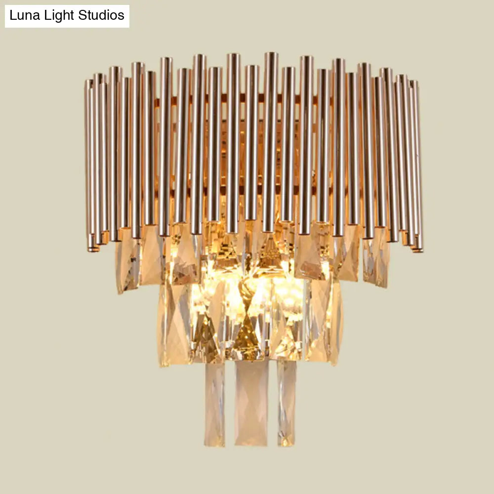 Contemporary Crystal Wall Sconce - Gold Finish Tiered Design 3 Bulbs