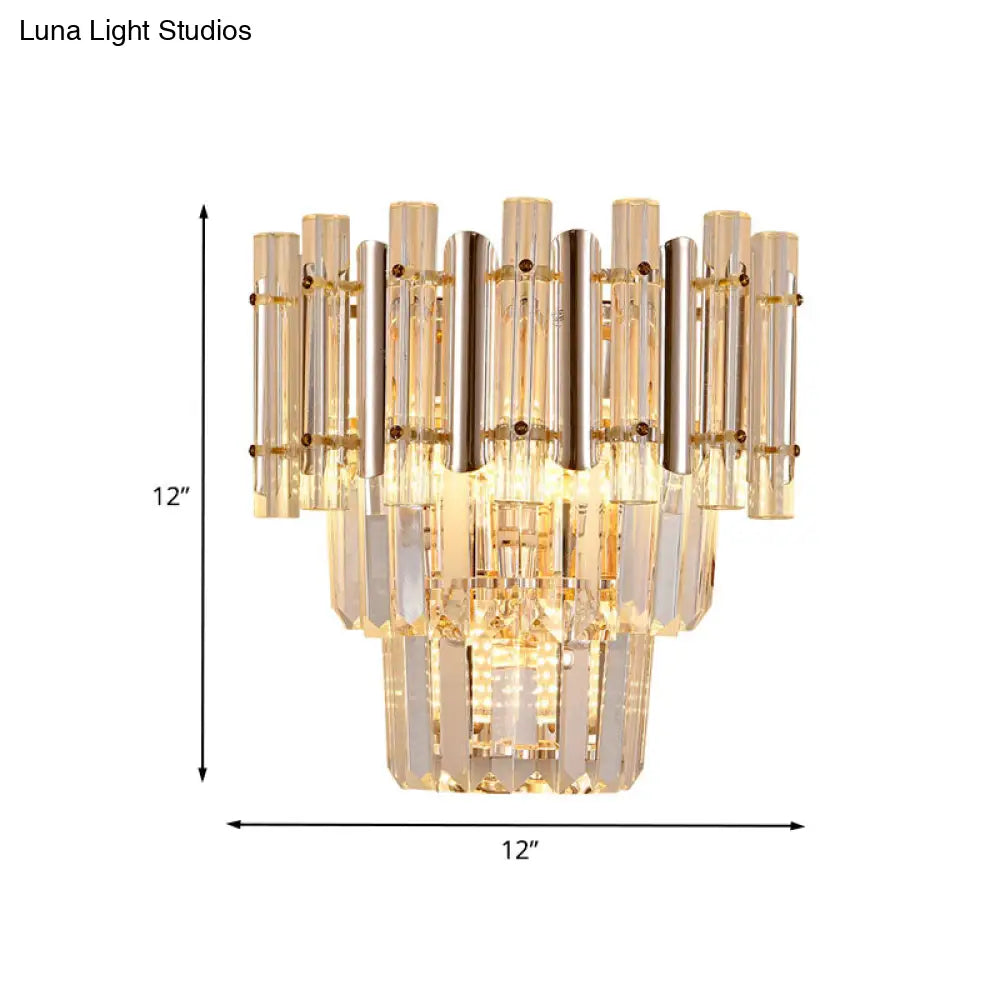 Contemporary Crystal Wall Sconce - Gold Finish Tiered Design 3 Bulbs