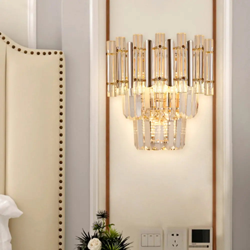 Contemporary Crystal Wall Sconce - Gold Finish Tiered Design 3 Bulbs / C