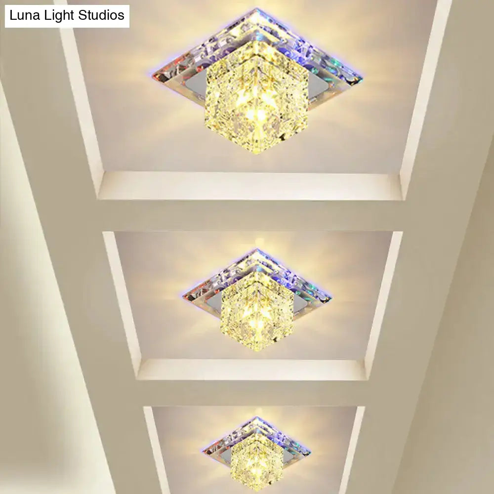 Contemporary Cube Crystal Led Flush Mount Ceiling Light In Chrome For Hallways