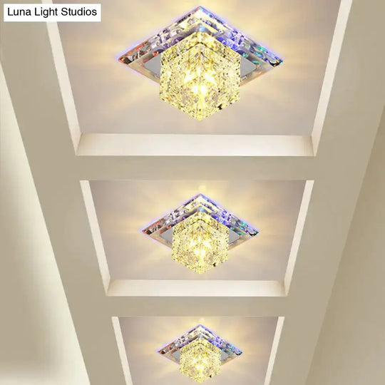 Contemporary Cube Crystal Led Flush Mount Ceiling Light In Chrome For Hallways