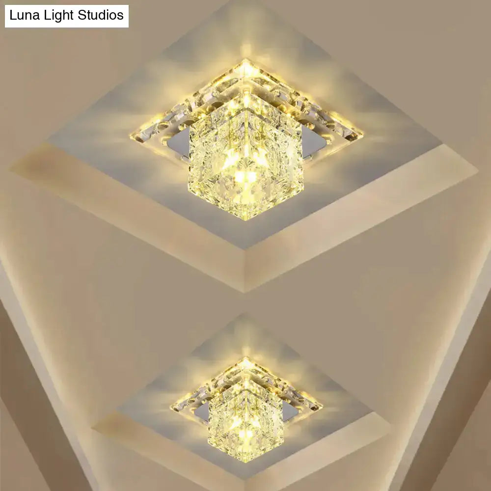 Contemporary Cube Crystal Led Flush Mount Ceiling Light In Chrome For Hallways