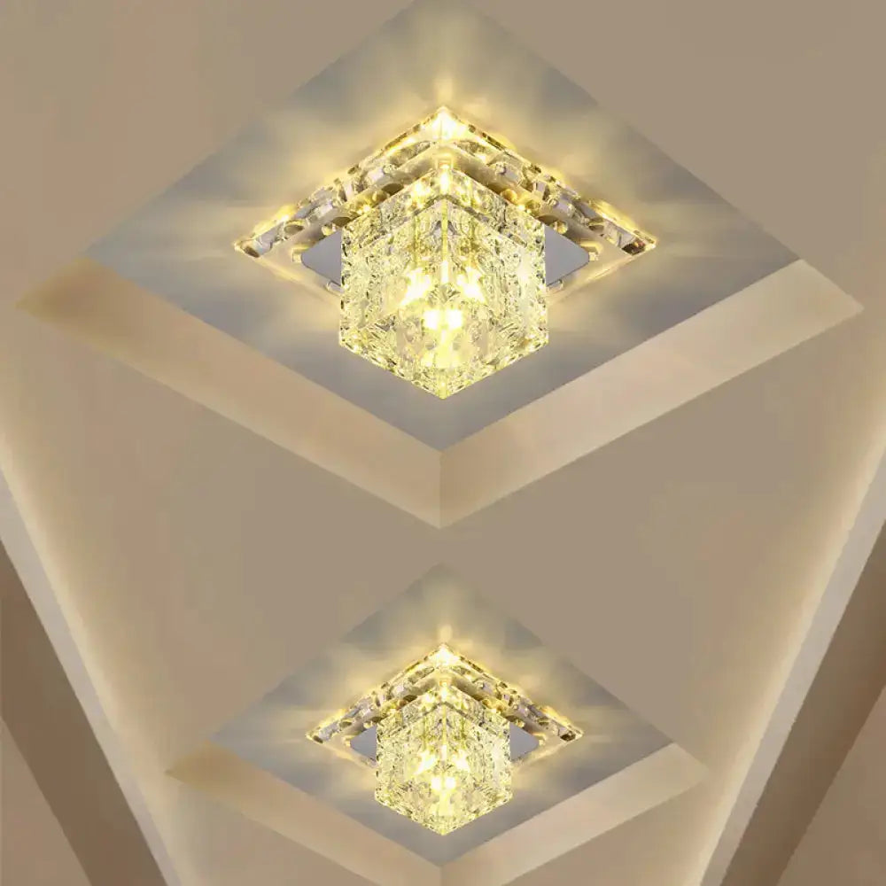 Contemporary Cube Crystal Led Flush Mount Ceiling Light In Chrome For Hallways / Warm