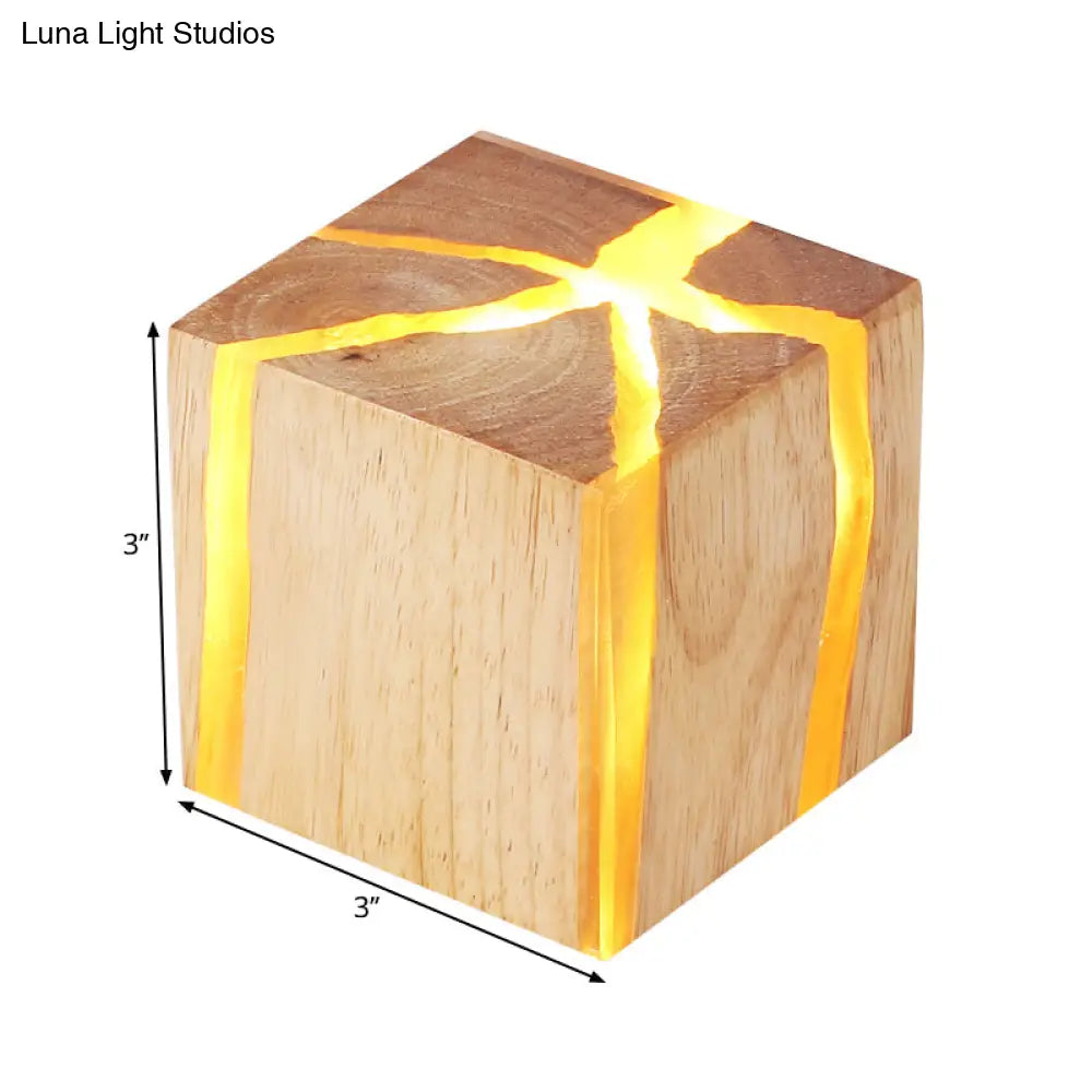 Contemporary Cube Wood Led Wall Light In Burlywood - 1-Light Fixture