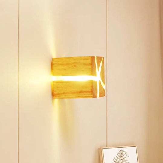 Contemporary Cube Wood Led Wall Light In Burlywood - 1-Light Fixture