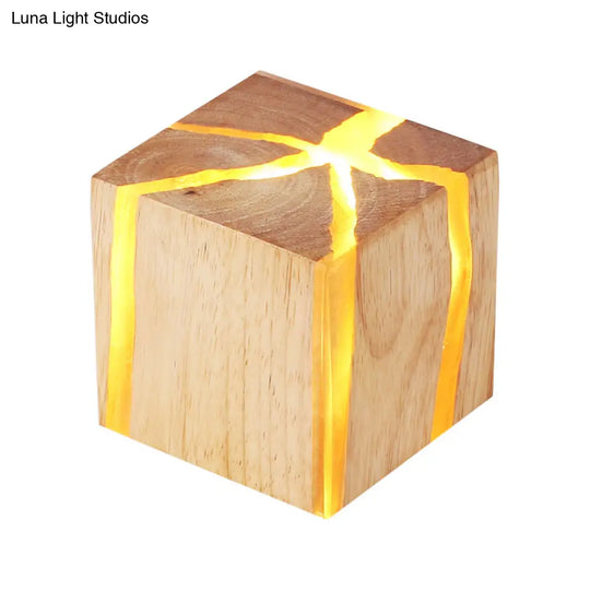 Contemporary Cube Wood Led Wall Light In Burlywood - 1-Light Fixture