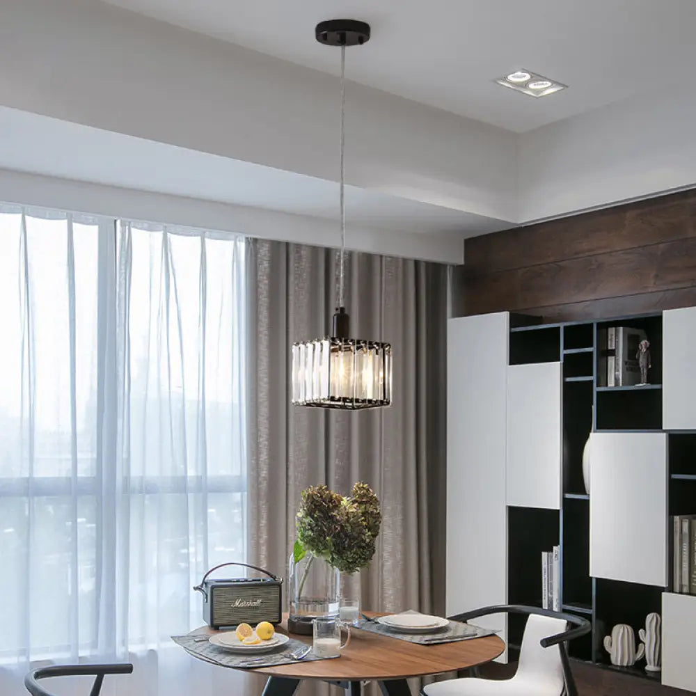 Contemporary Cubic Dining Room Pendant Lamp - 1 Light Black Ceiling With Clear Crystal Block