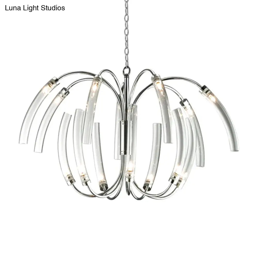 Contemporary Curved Tube Chandelier Lamp - Clear Glass 16/24 Lights Chrome Fixture