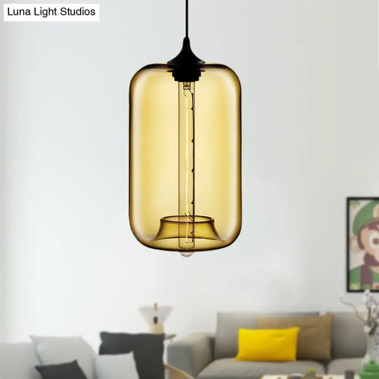 Contemporary 1-Light Hanging Lamp With Cylinder Glass Shade - Red/Brown/Blue Ceiling Light Amber