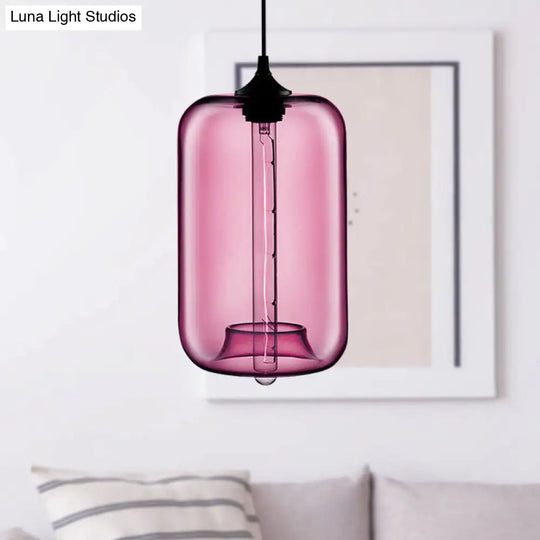 Contemporary 1-Light Hanging Lamp With Cylinder Glass Shade - Red/Brown/Blue Ceiling Light