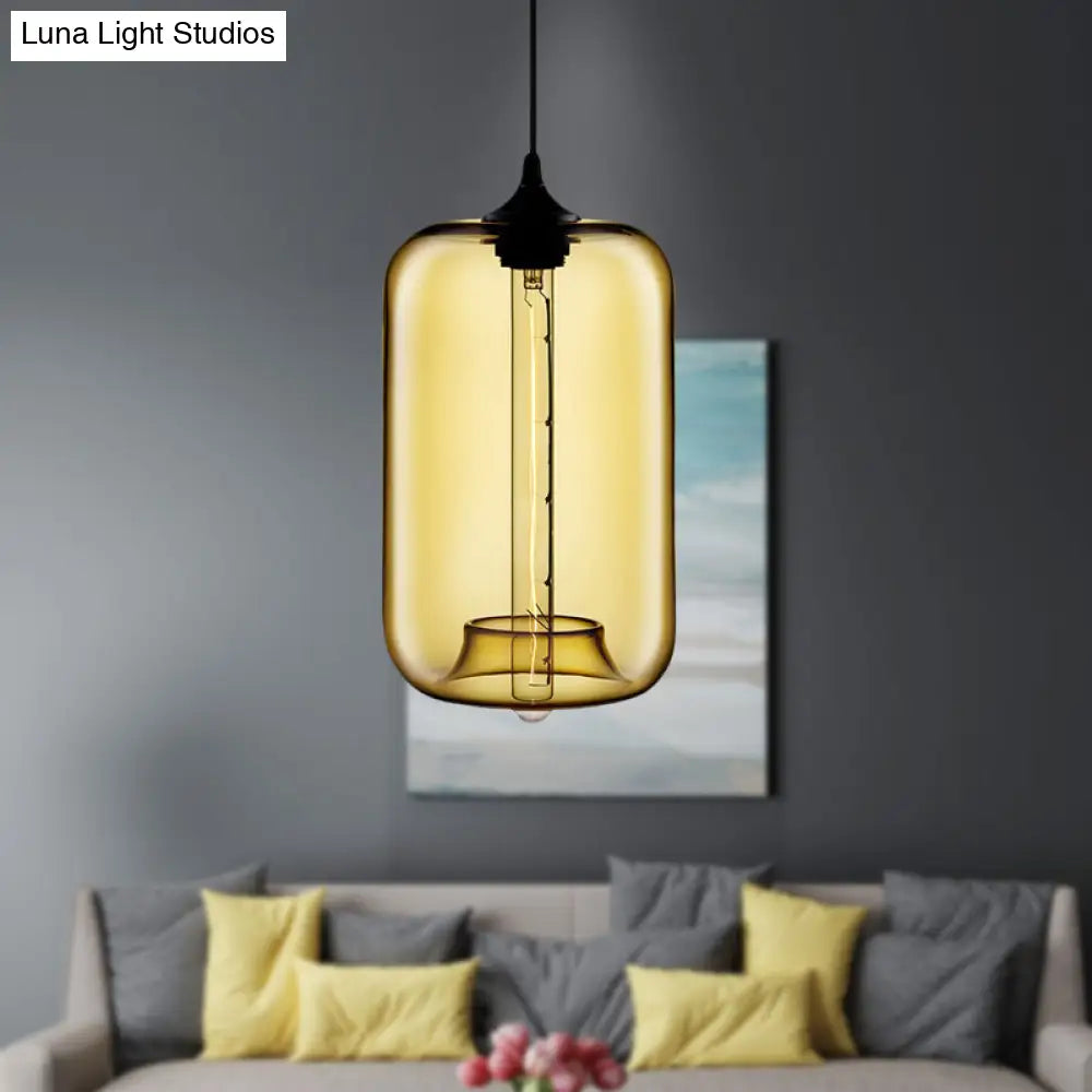 Contemporary Cylinder Glass Hanging Lamp - 1 Light Red/Brown/Blue Ceiling