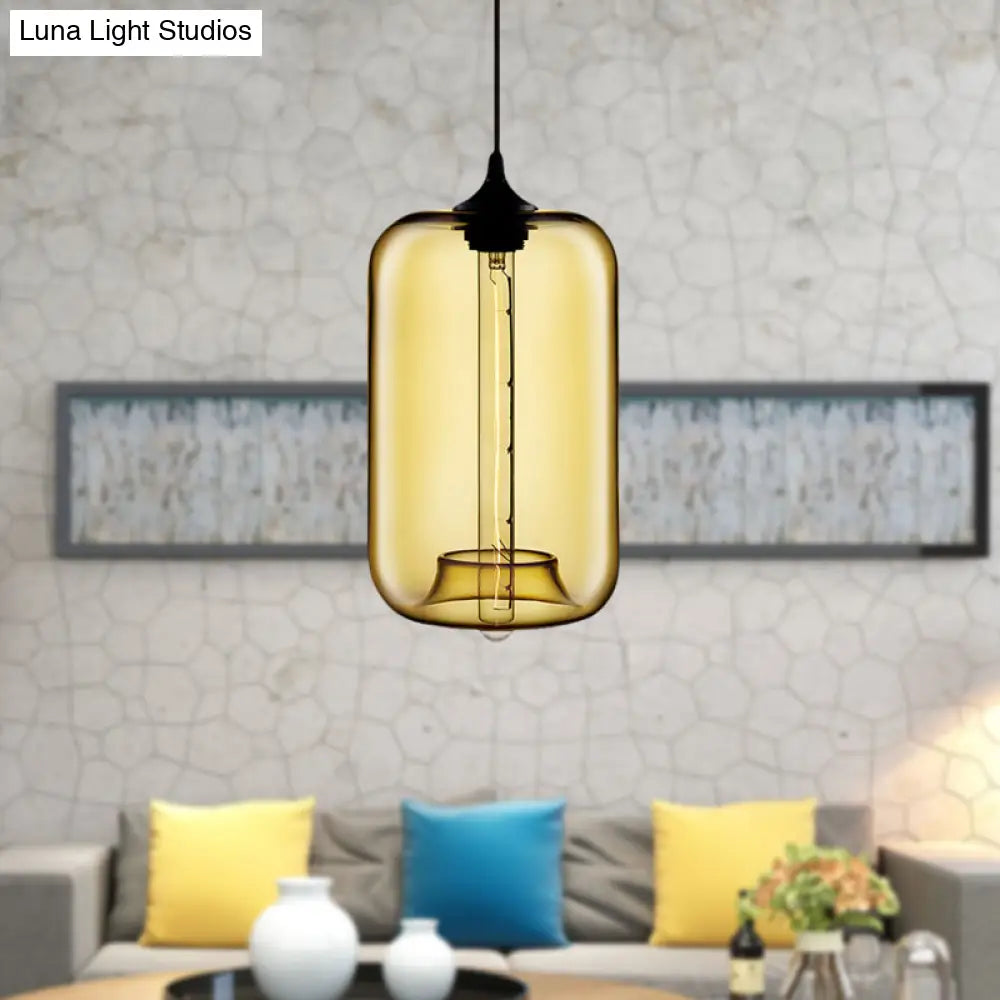 Contemporary 1-Light Hanging Lamp With Cylinder Glass Shade - Red/Brown/Blue Ceiling Light