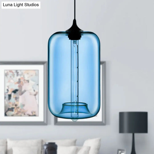 Contemporary 1-Light Hanging Lamp With Cylinder Glass Shade - Red/Brown/Blue Ceiling Light Dark Blue