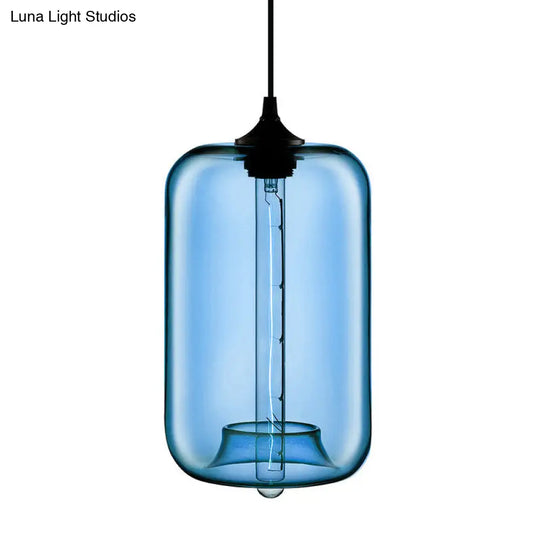 Contemporary 1-Light Hanging Lamp With Cylinder Glass Shade - Red/Brown/Blue Ceiling Light