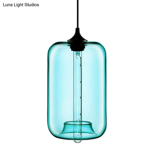 Contemporary Cylinder Glass Hanging Lamp - 1 Light Red/Brown/Blue Ceiling