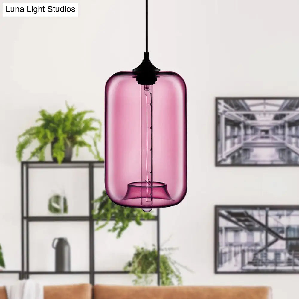 Contemporary 1-Light Hanging Lamp With Cylinder Glass Shade - Red/Brown/Blue Ceiling Light