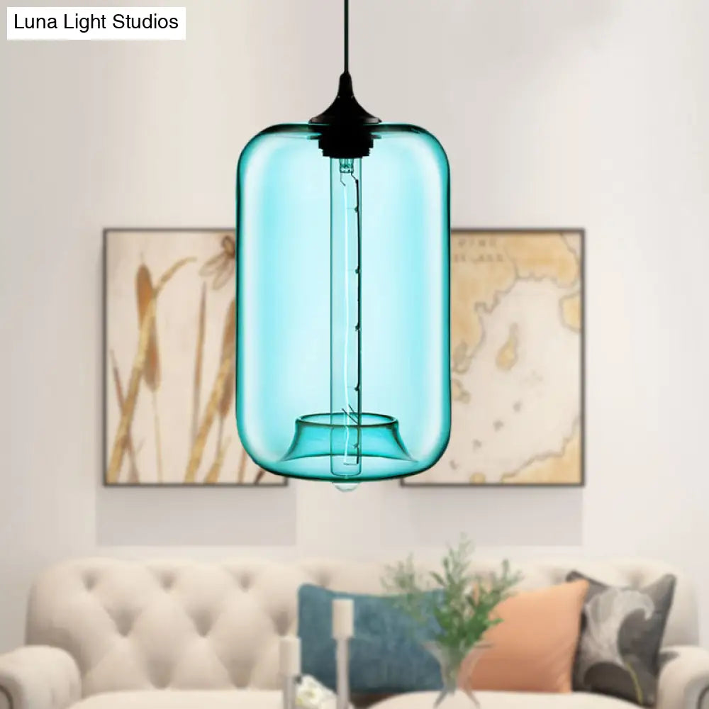 Contemporary 1-Light Hanging Lamp With Cylinder Glass Shade - Red/Brown/Blue Ceiling Light