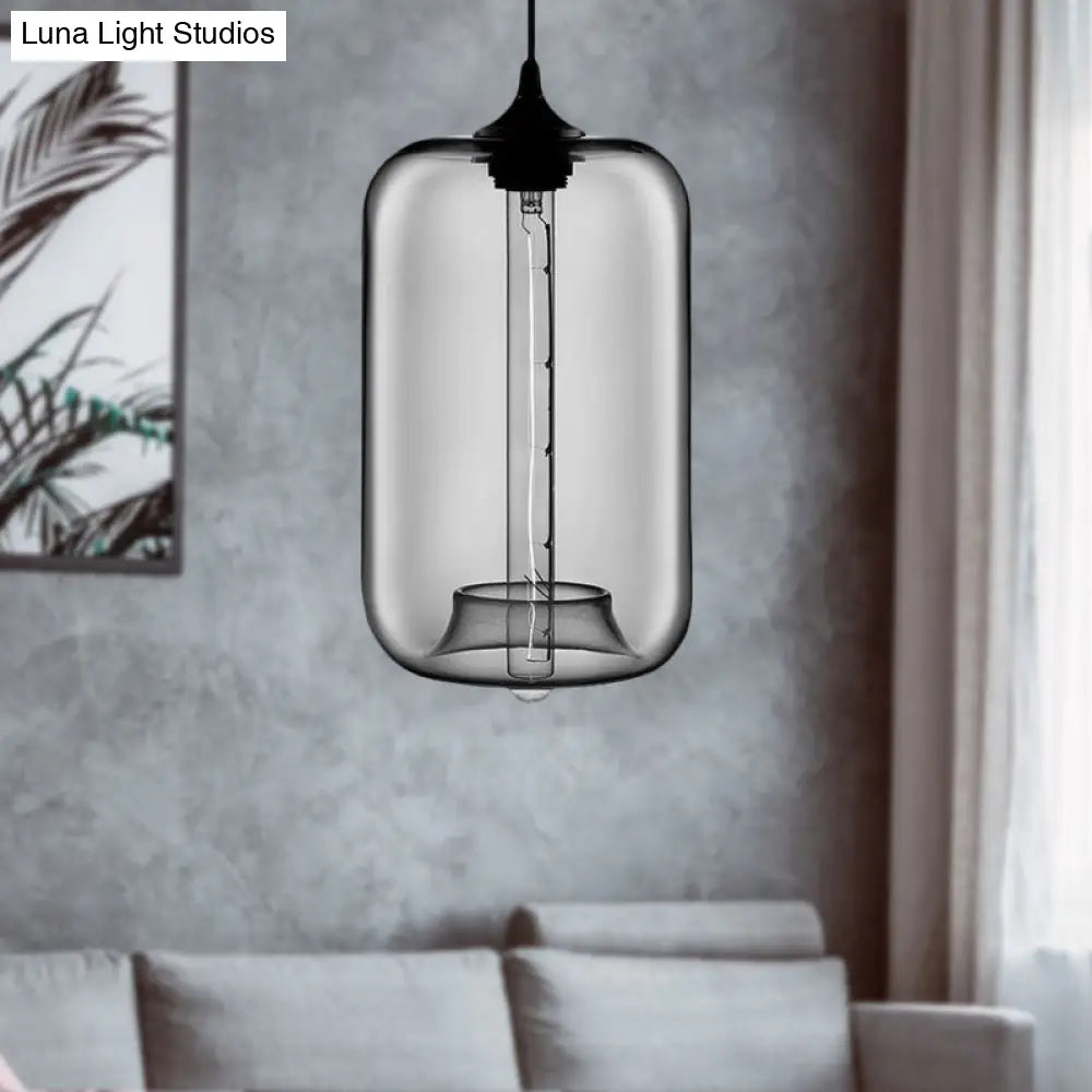 Contemporary 1-Light Hanging Lamp With Cylinder Glass Shade - Red/Brown/Blue Ceiling Light Smoke