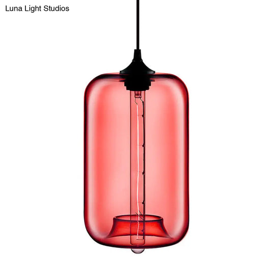 Contemporary Cylinder Glass Hanging Lamp - 1 Light Red/Brown/Blue Ceiling