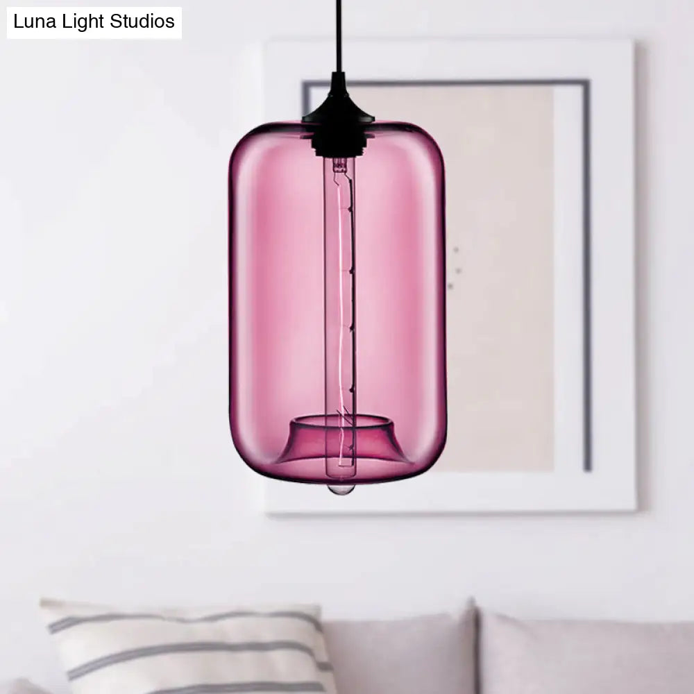 Contemporary Cylinder Glass Hanging Lamp - 1 Light Red/Brown/Blue Ceiling