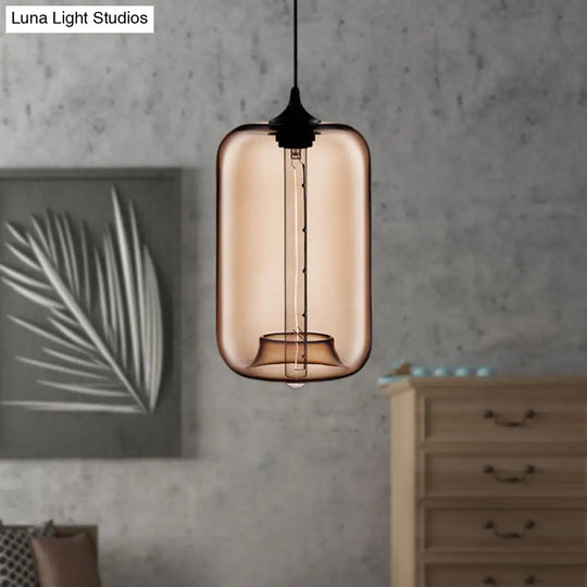 Contemporary Cylinder Glass Hanging Lamp - 1 Light Red/Brown/Blue Ceiling