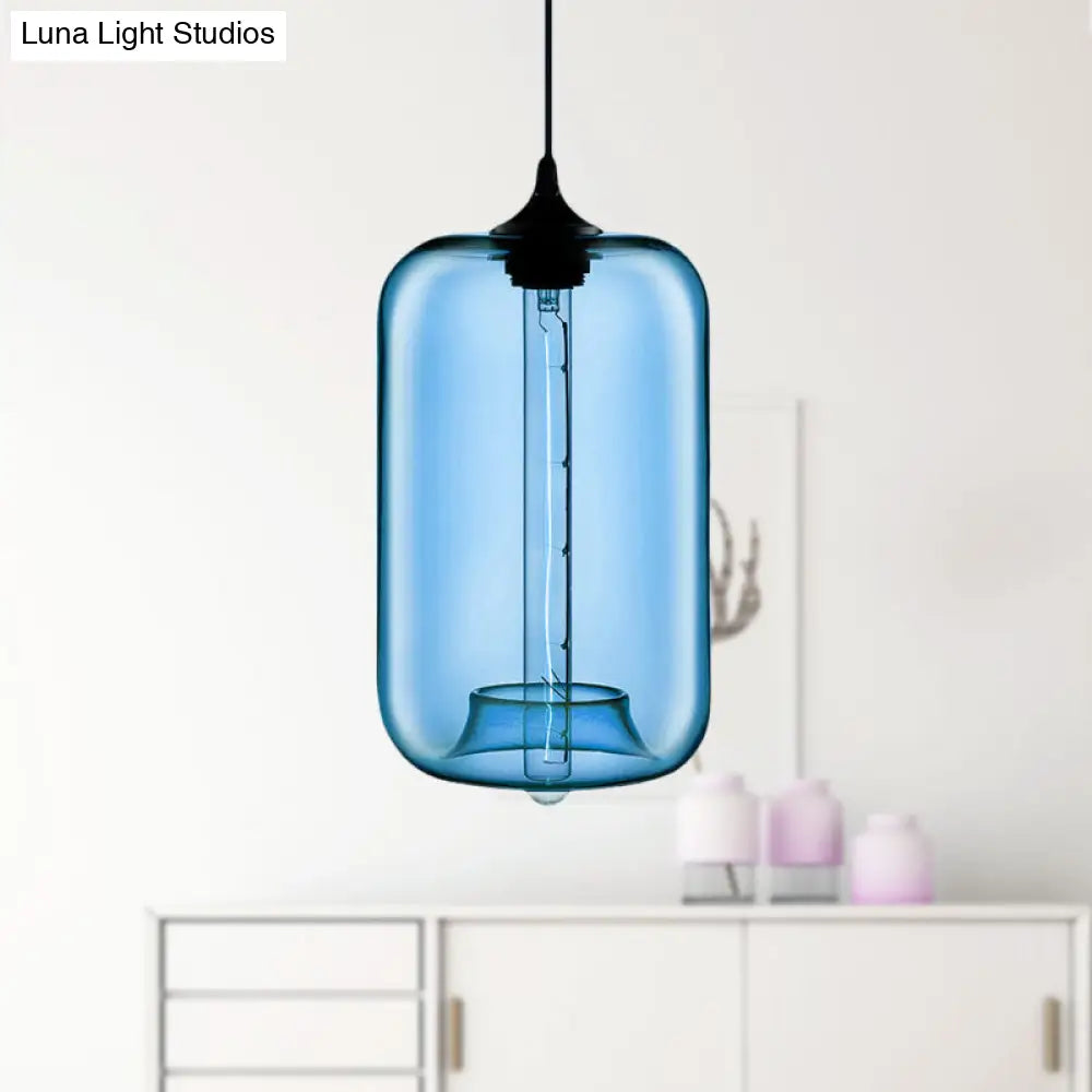 Contemporary Cylinder Glass Hanging Lamp - 1 Light Red/Brown/Blue Ceiling