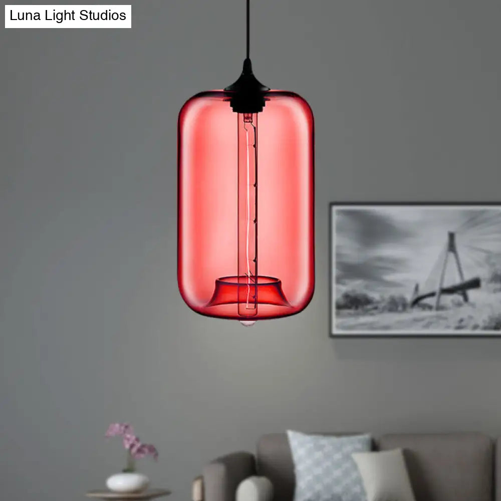 Contemporary Cylinder Glass Hanging Lamp - 1 Light Red/Brown/Blue Ceiling