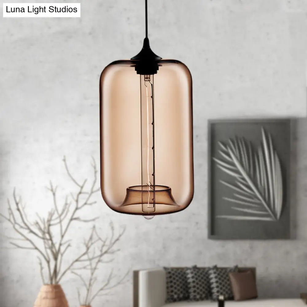 Contemporary 1-Light Hanging Lamp With Cylinder Glass Shade - Red/Brown/Blue Ceiling Light