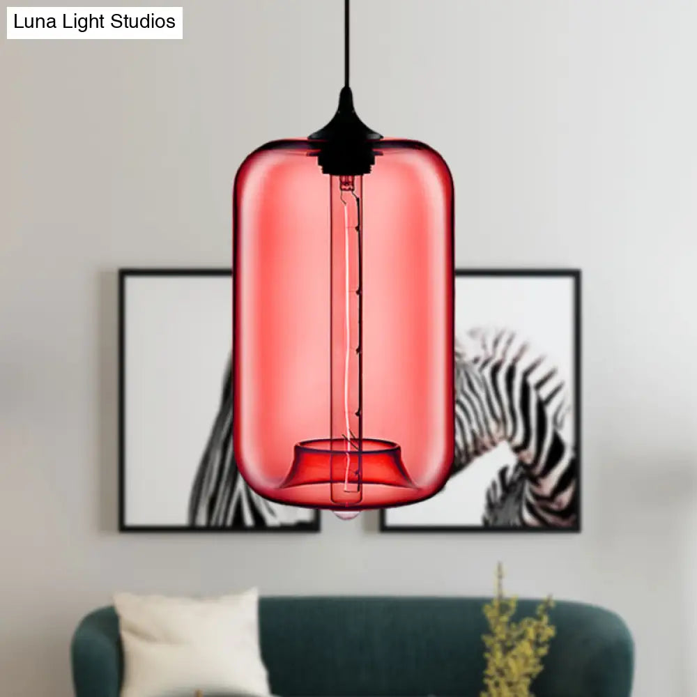 Contemporary Cylinder Glass Hanging Lamp - 1 Light Red/Brown/Blue Ceiling