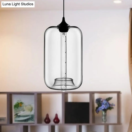 Contemporary 1-Light Hanging Lamp With Cylinder Glass Shade - Red/Brown/Blue Ceiling Light Clear