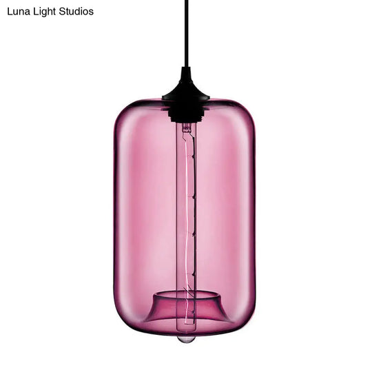 Contemporary 1-Light Hanging Lamp With Cylinder Glass Shade - Red/Brown/Blue Ceiling Light