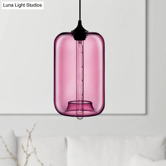 Contemporary 1-Light Hanging Lamp With Cylinder Glass Shade - Red/Brown/Blue Ceiling Light Rose Red