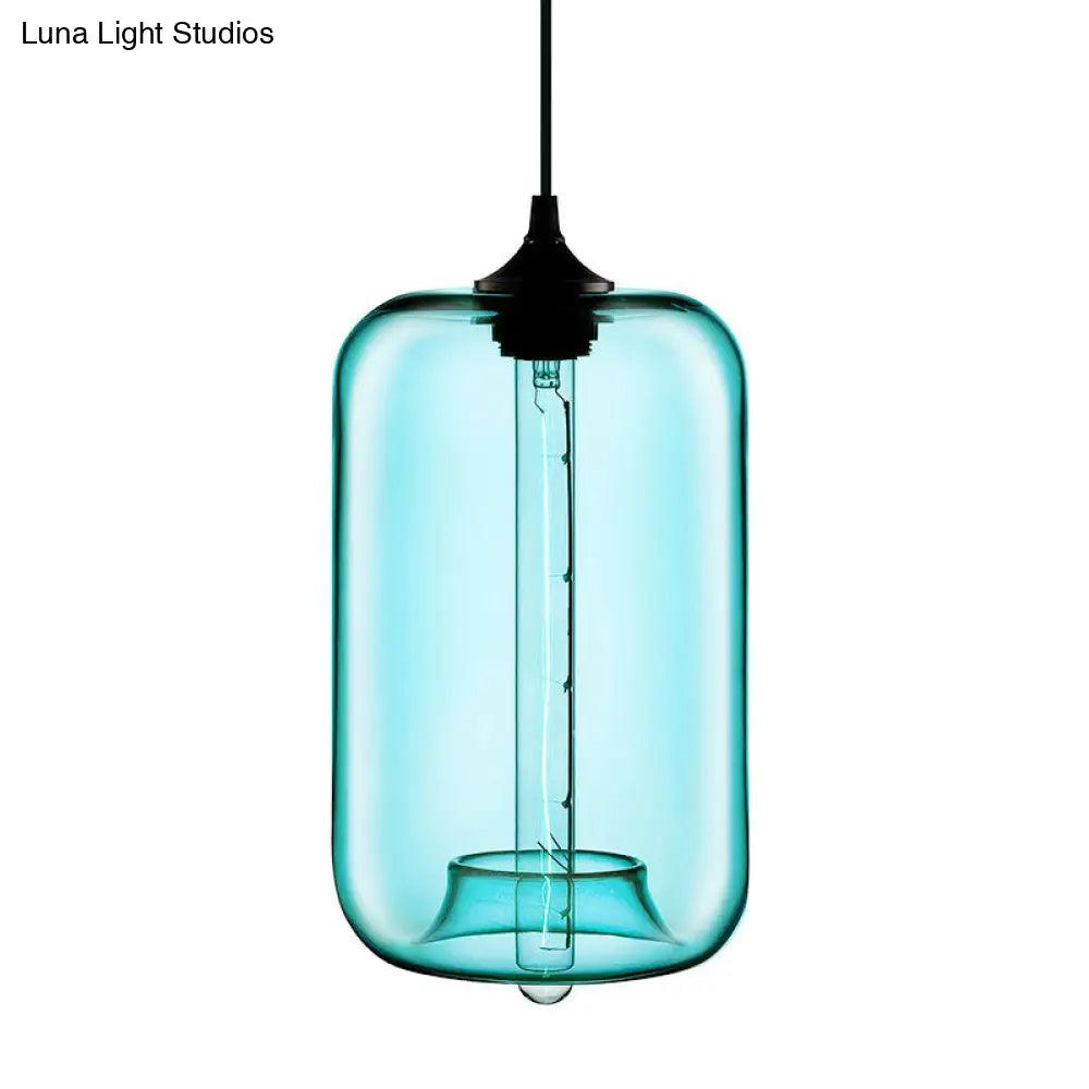 Contemporary 1-Light Hanging Lamp With Cylinder Glass Shade - Red/Brown/Blue Ceiling Light